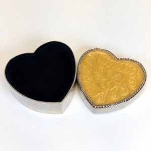 Heart Shaped Enamel Swirl Design Trinket Box Silver Toned with Navy Blue Liner
